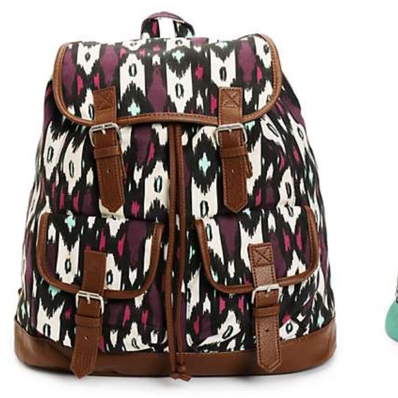 Canvas Backpack Brown Magenta Mint Ikat Unisex New - Picture 7 of 8